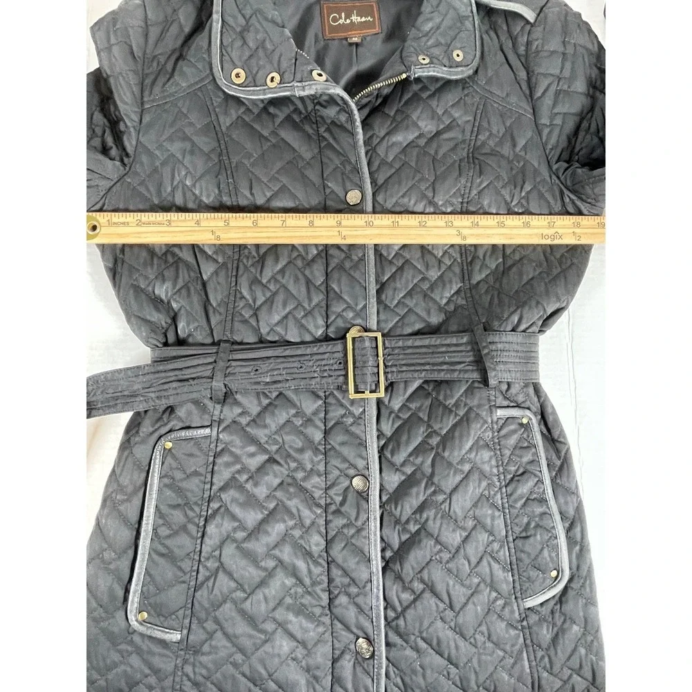 Cole Haan Womens Quilted Trench Coat Belted  Black Lamb Skin Trim‎ Medium